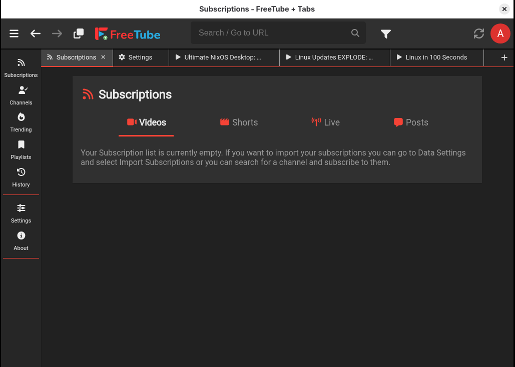 FreeTube + Tabs screenshot showing multiple open tabs with YouTube videos